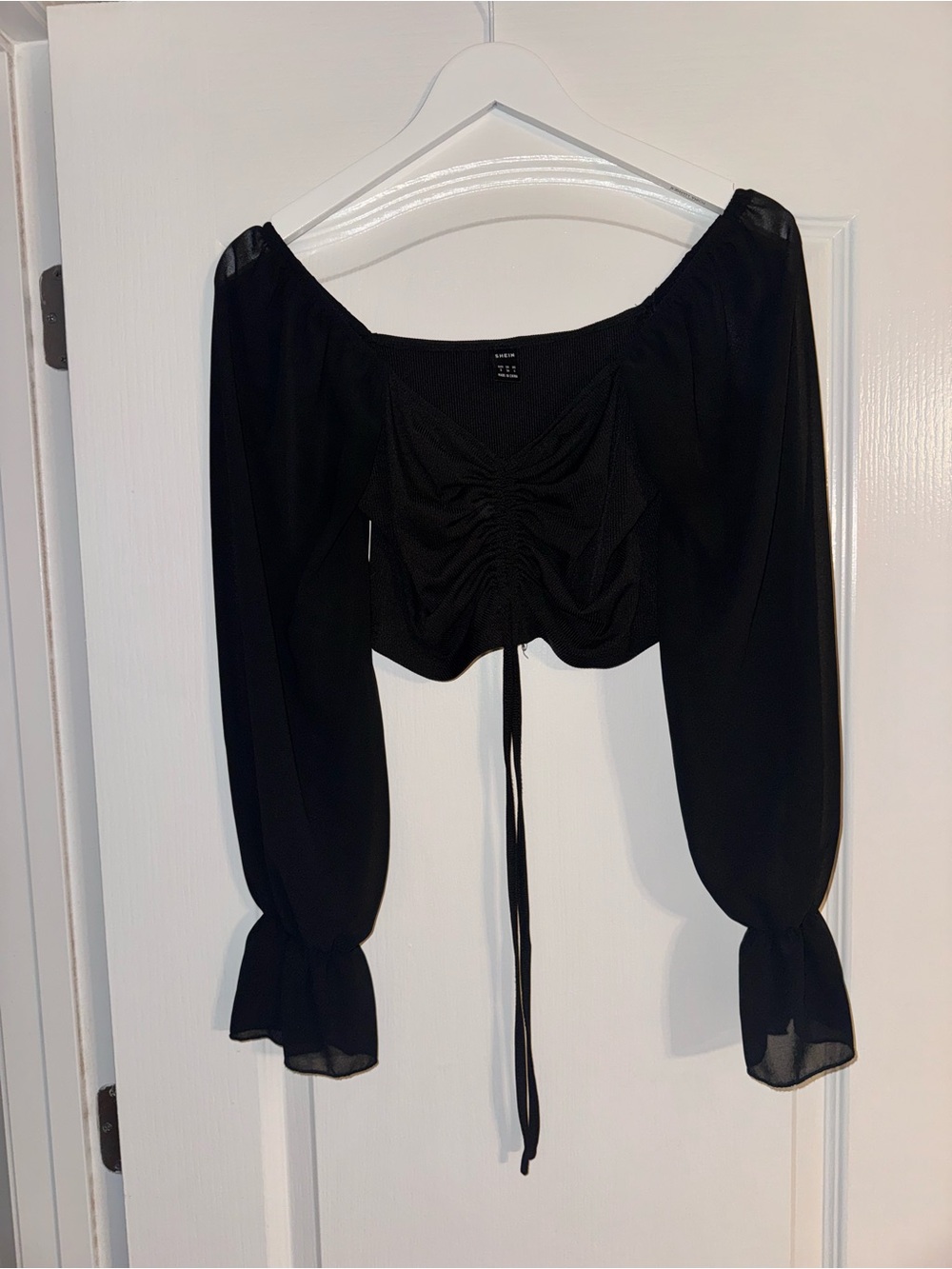 Shein Black Ruched Off-Shoulder Tie-Front Crop Top